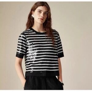 J.Crew Sequin Striped Top Women Large Black White Short Sleeve Boxy Party Shirt